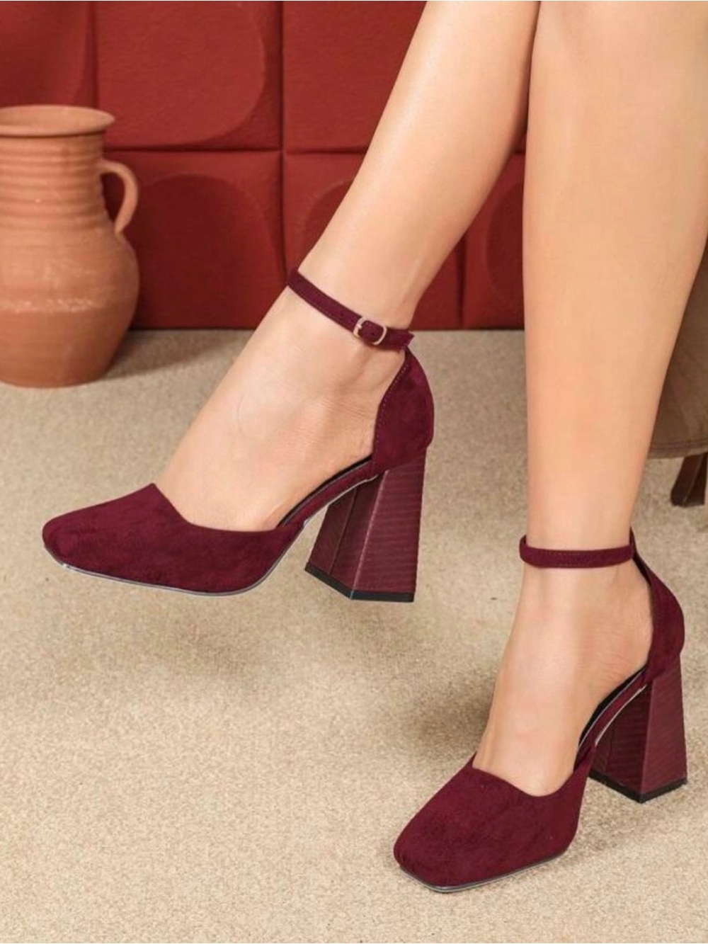 SHEIN Burgundy Suede Ankle-Strap Block Heels